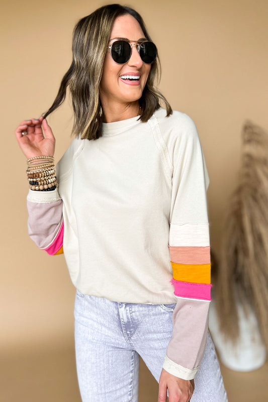 Cream Crew Neck Colorblock Terry Knit Pullover