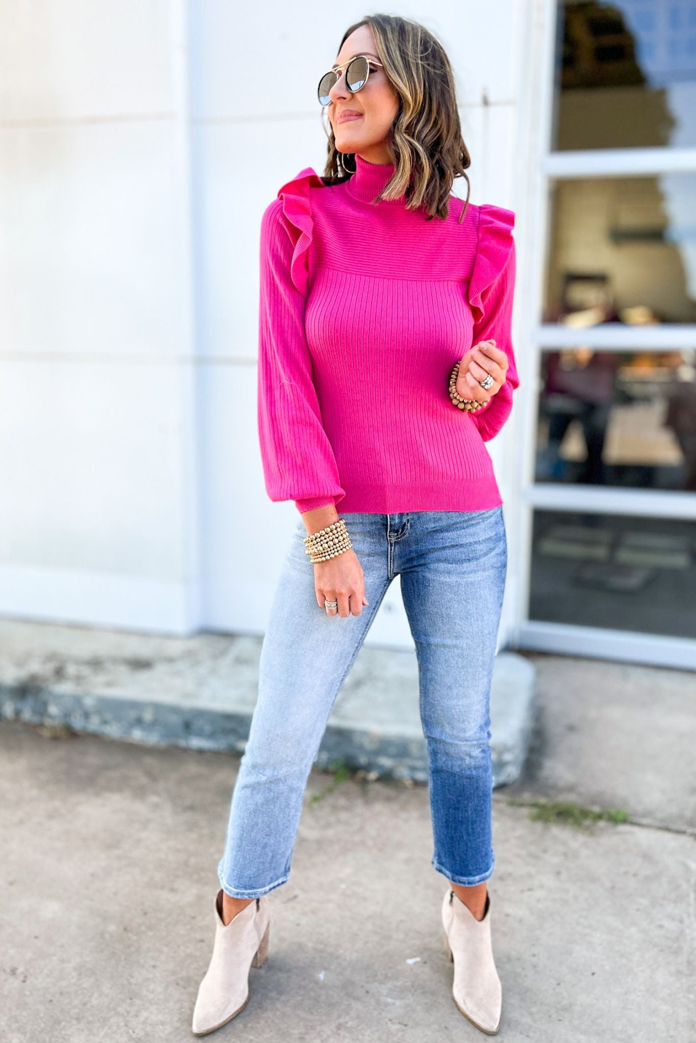 Hot Pink Turtleneck Ruffle Shoulder Ribbed Sweater Small