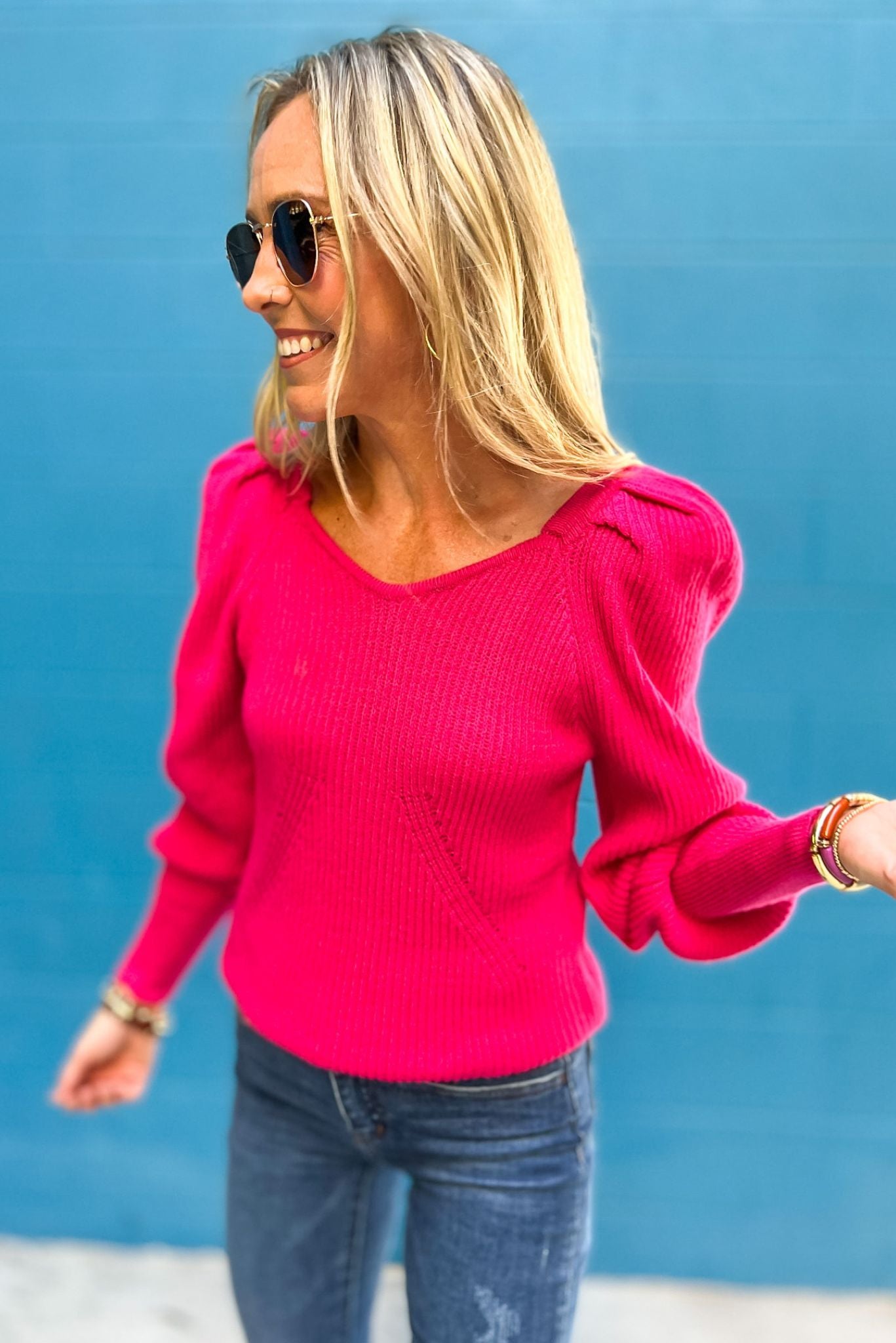 Hot Pink Puff Sleeve Knit Sweater, puff sleeve detail, sweater weather, must have, fall look, shop style your senses by mallory fitzsimmons