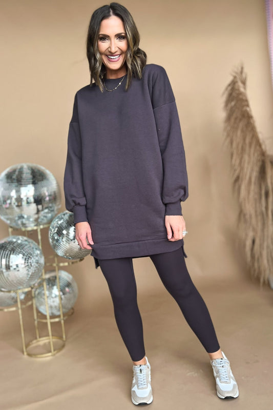 Dark Grey Round Neck Longline Hi Low Sweatshirt Dress, fall fashion, must have, oversized fit, sweatshirt, travel look, mom style, shop style your senses by mallory fitzsimmons