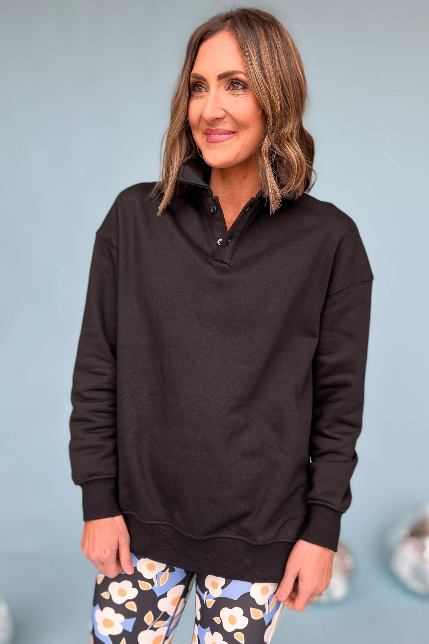 Black Collared Polo Sweatshirt SSYS The Label, athleisure, custom pullover, button detail, everyday wear, must have, mom style, shop style your senses by mallory fitzsimmons