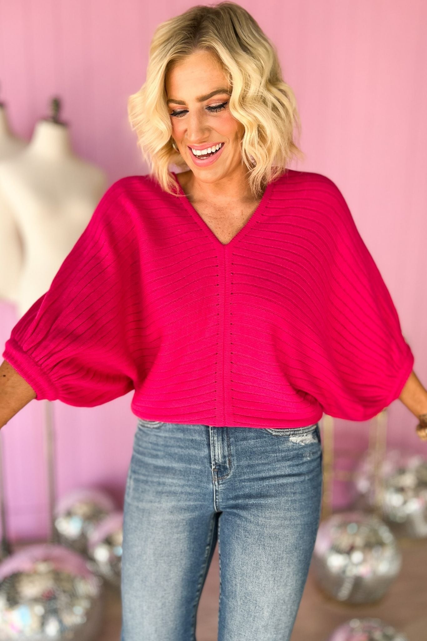 Hot Pink V Neck Dolman Sleeve Knit Top, new arrival, v neck, dolman sleeve, must have, spring look, shop style your senses by mallory fitzsimmons