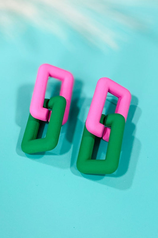 Pink Green Rectangle Link Earrings