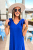 Royal Blue V Neck Ruffle Cap Sleeve Midi Dress, date night, casual outfit, chic updated midi dress, must have dress, fall transition piece, easy to wear, easy fit, mom style, shop style your senses by mallory fitzsimmons