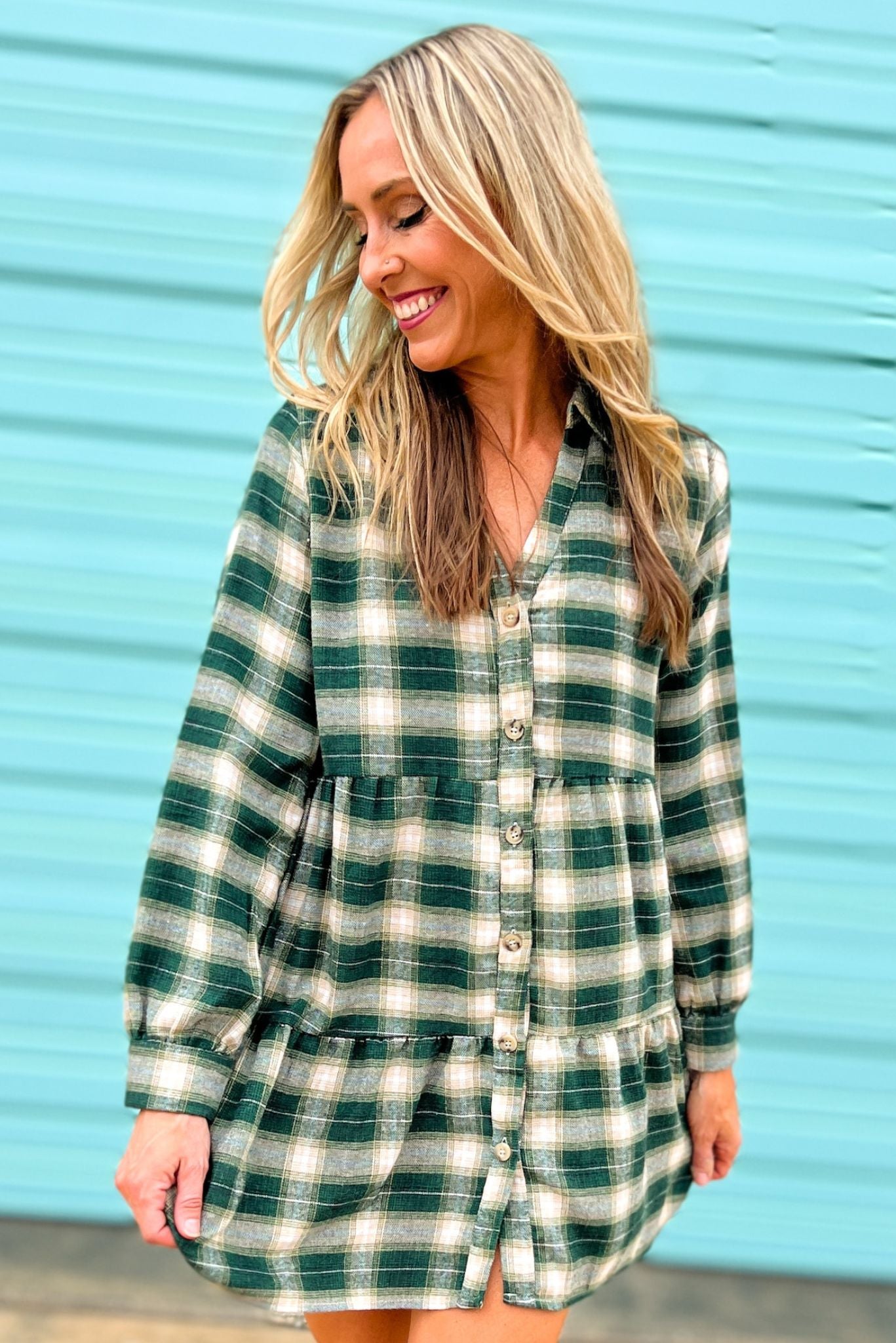 green Plaid Drop Waist Button Down Dress, fall fashion, fall must have, thanksgiving look, layered look, sweater weather, mom style, shop style your senses by mallory fitzsimmons