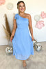 Light Blue Chiffon Swiss Dot One Shoulder Midi Dress, one shoulder, garden party, bow tie detail, swiss dot detail, must have, shop style your senses by mallory fitzsimmons