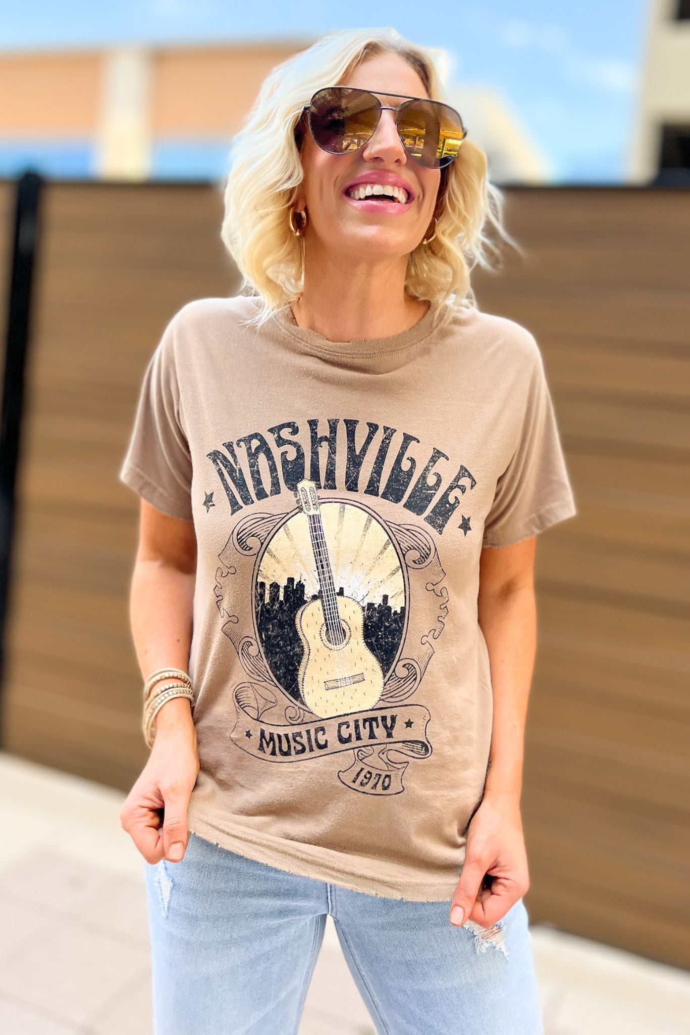 Sand Nashville Music City 1970 Graphic Tee, everyday wear, pair with a flannel, fall transition piece, must have graphic, essential tee, mom style, shop style your senses by mallory fitzsimmons