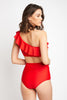 Red One Shoulder Ruffle Ruched High Waist Swimsuit *FINAL SALE*