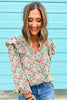 Natural Floral V Neck Ruffle Long Sleeve Button Up Top