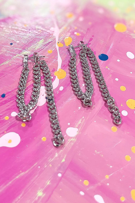 Silver Clear Rhinestone Curb Chain Back Earrings, silver curb chain, edgy accessory, silver dangle earring, mom style, style your senses by mallory fitzsimmons
