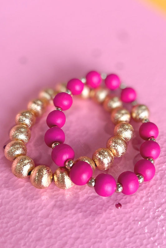 Fuchsia And Gold Beaded Bracelet Stack