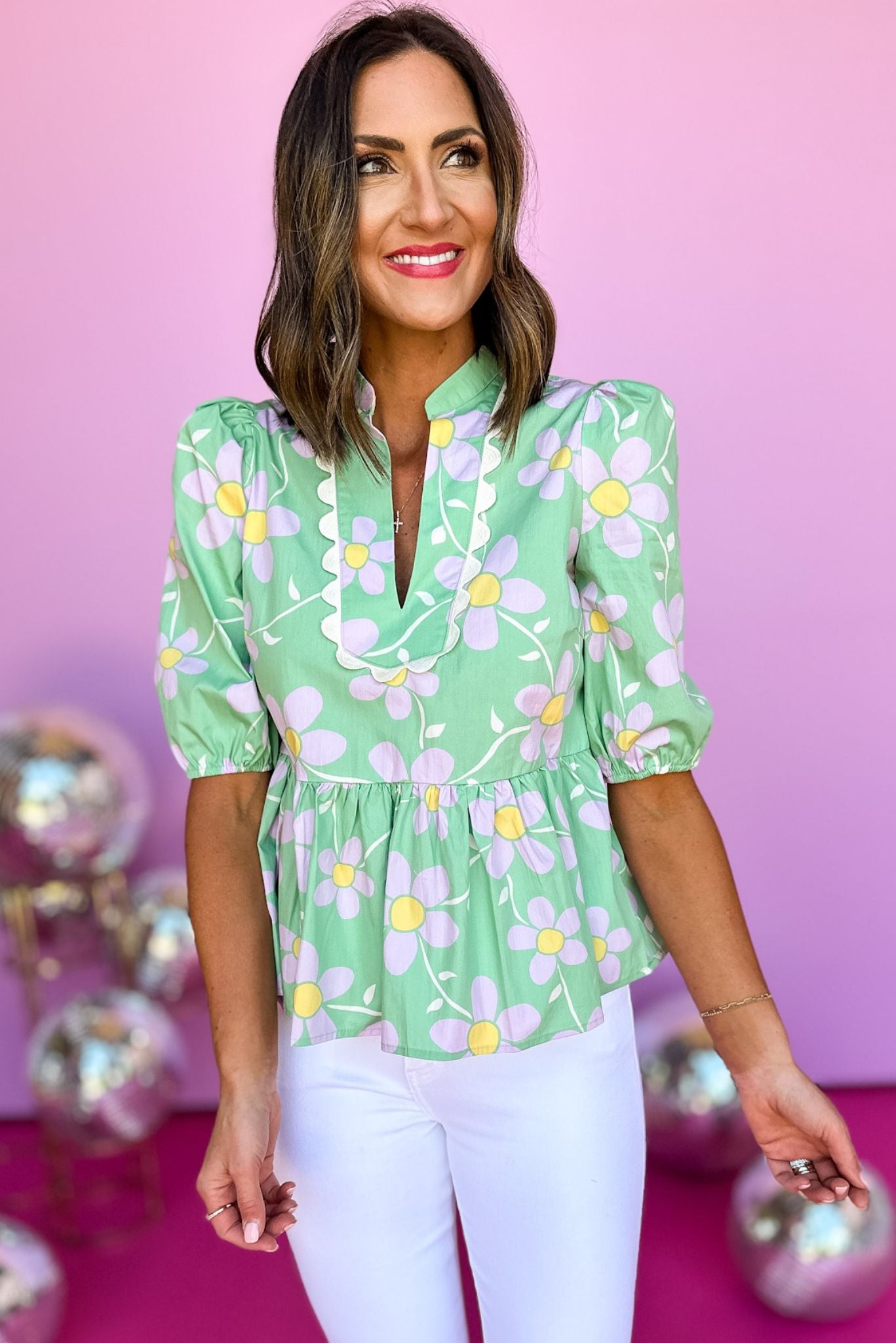 Karlie Green Daisy Printed V Neck Puff Sleeve Peplum Top, summer look, peplum, pleat detail, scallop collar, shop style your senses by mallory fitzsimmons