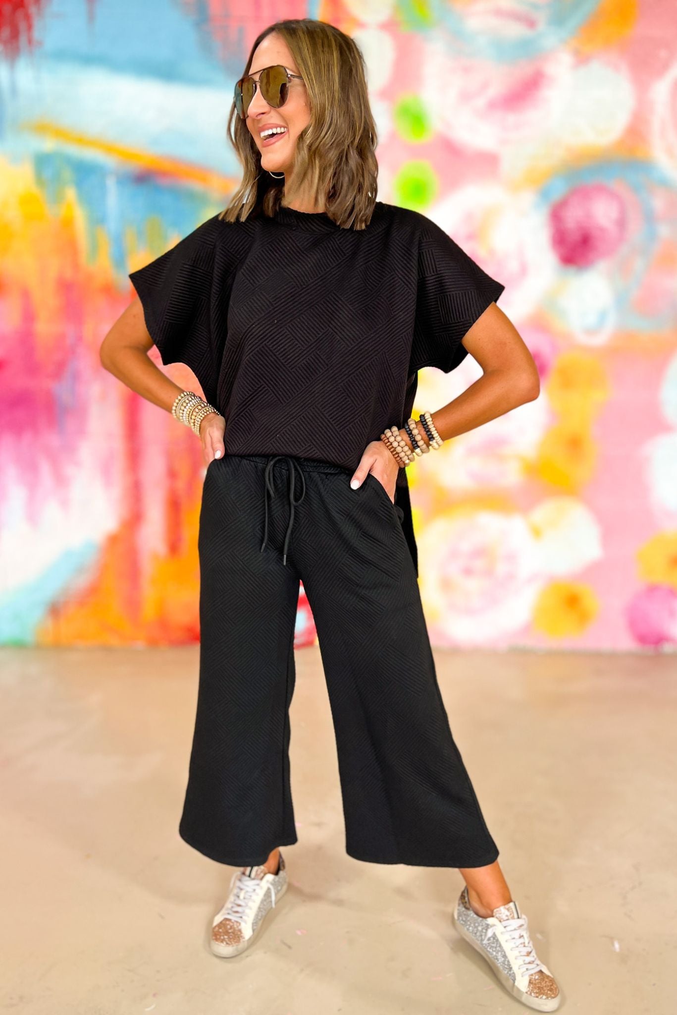 Black Textured Drop Shoulder Wide Leg Pants Set, fall transition piece, chic updated pant, versatile top, mom style, running errands, easy to style, matching set, shop style your senses by mallory fitzsimmons