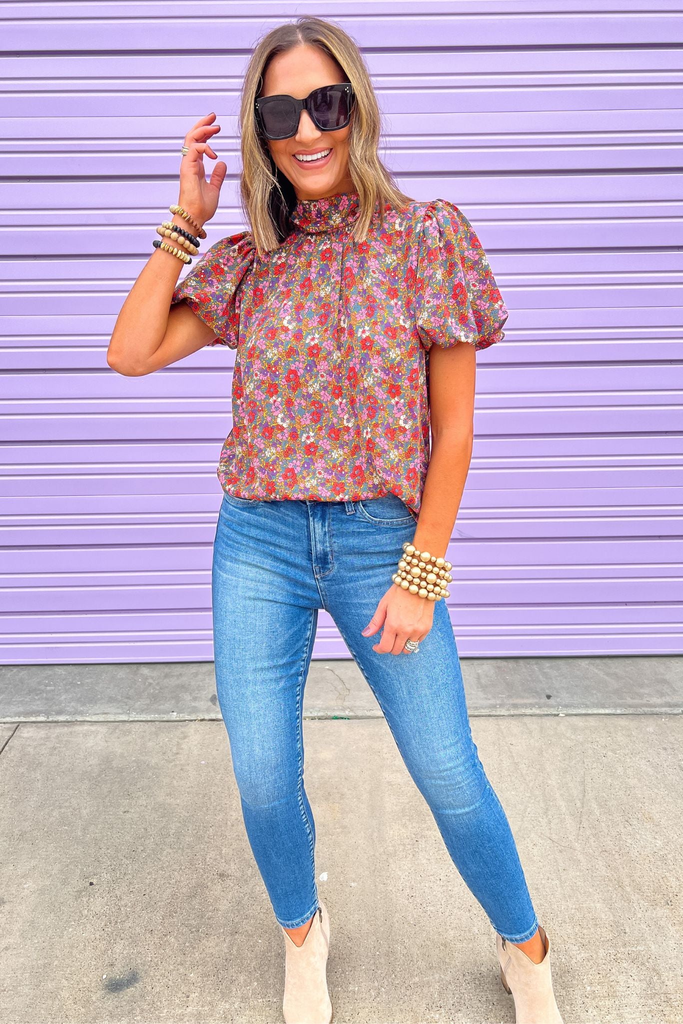 Gold Floral Mock Neck Bubble Short Sleeve Top, must have fall top, work wear, date night, fall transition piece, bow back tie, chic mom style, shop style your senses by mallory fitzsimmons