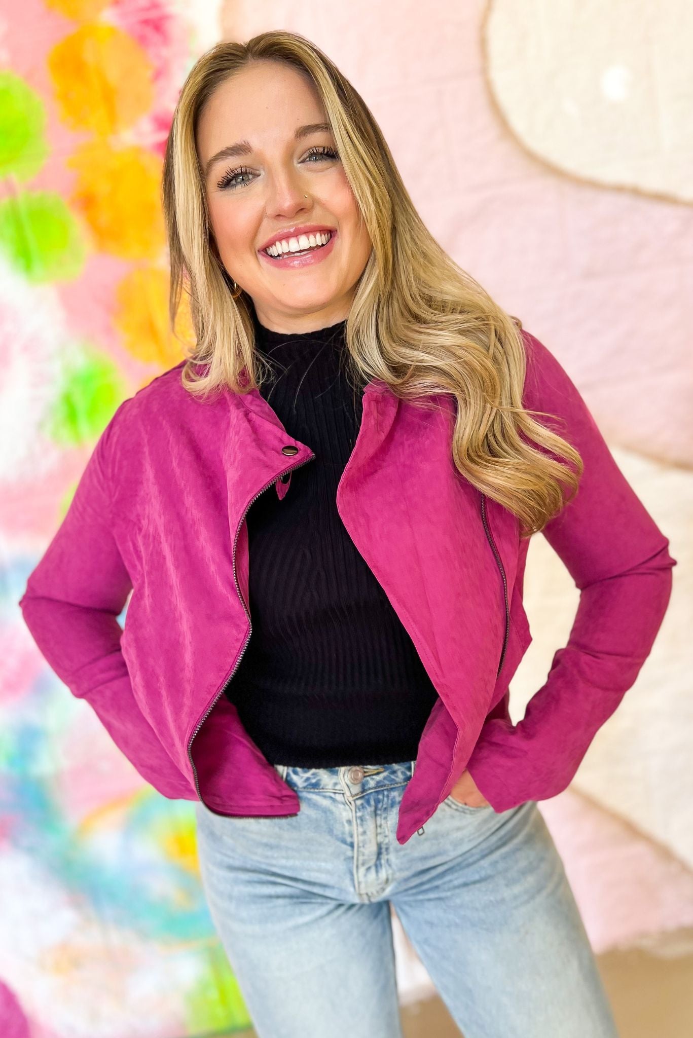 Fuchsia Suede Belted Moto Jacket, fall fashion, fall must have, layered look, elevated look, chic, mom style, shop style your senses by mallory fitzsimmons