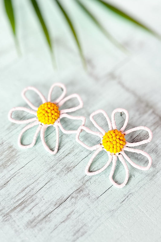 White Seed Beaded Raffia Wrapped Flower Earrings, raffia, flower, spring look, must have, shop style your senses by mallory fitzsimmons