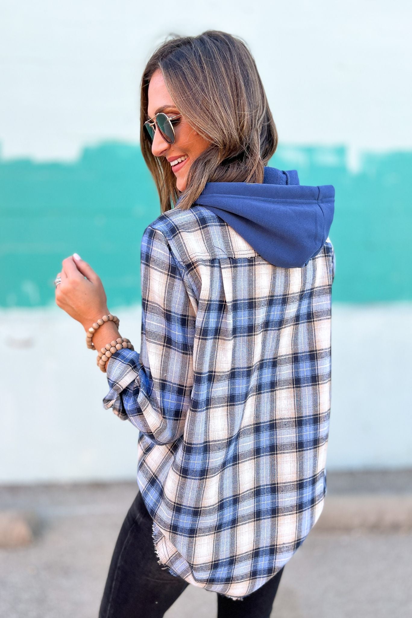 Blue Plaid Button Up Hoodie Shacket, fall essential, transition piece, every day wear, mom style, shop style your senses by mallory fitzsimmons 