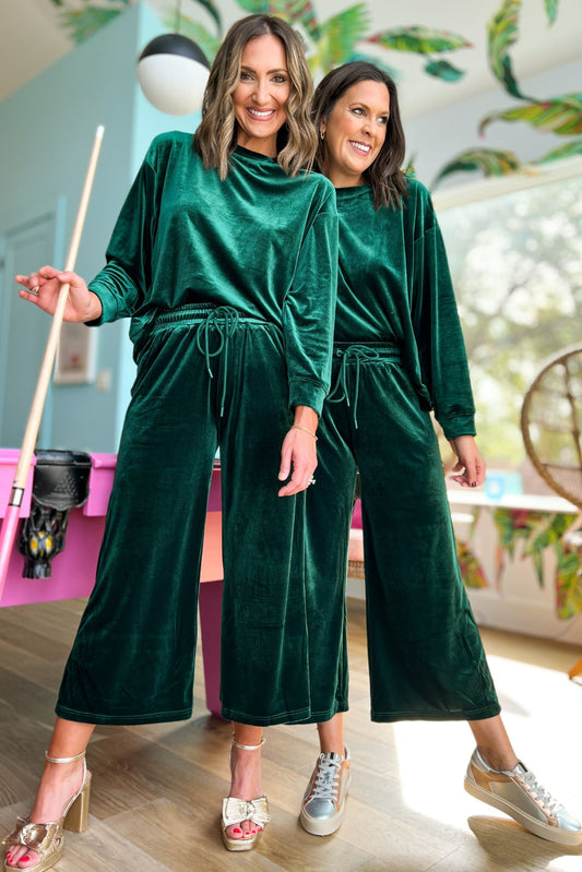 Green Velvet Long Sleeve Wide Leg Crop Pants Set, glam, holiday look, chic, must have, mom style, elevated look, shop style your senses by mallory fitzsimmons