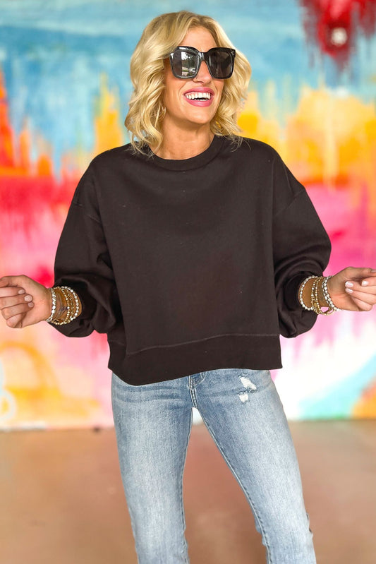 black Balloon Sleeve Sweatshirt, pink soft material, everyday wear, everyday sweatshirt, mom style, lounge to lunch, shop style your senses by mallory fitzsimmons