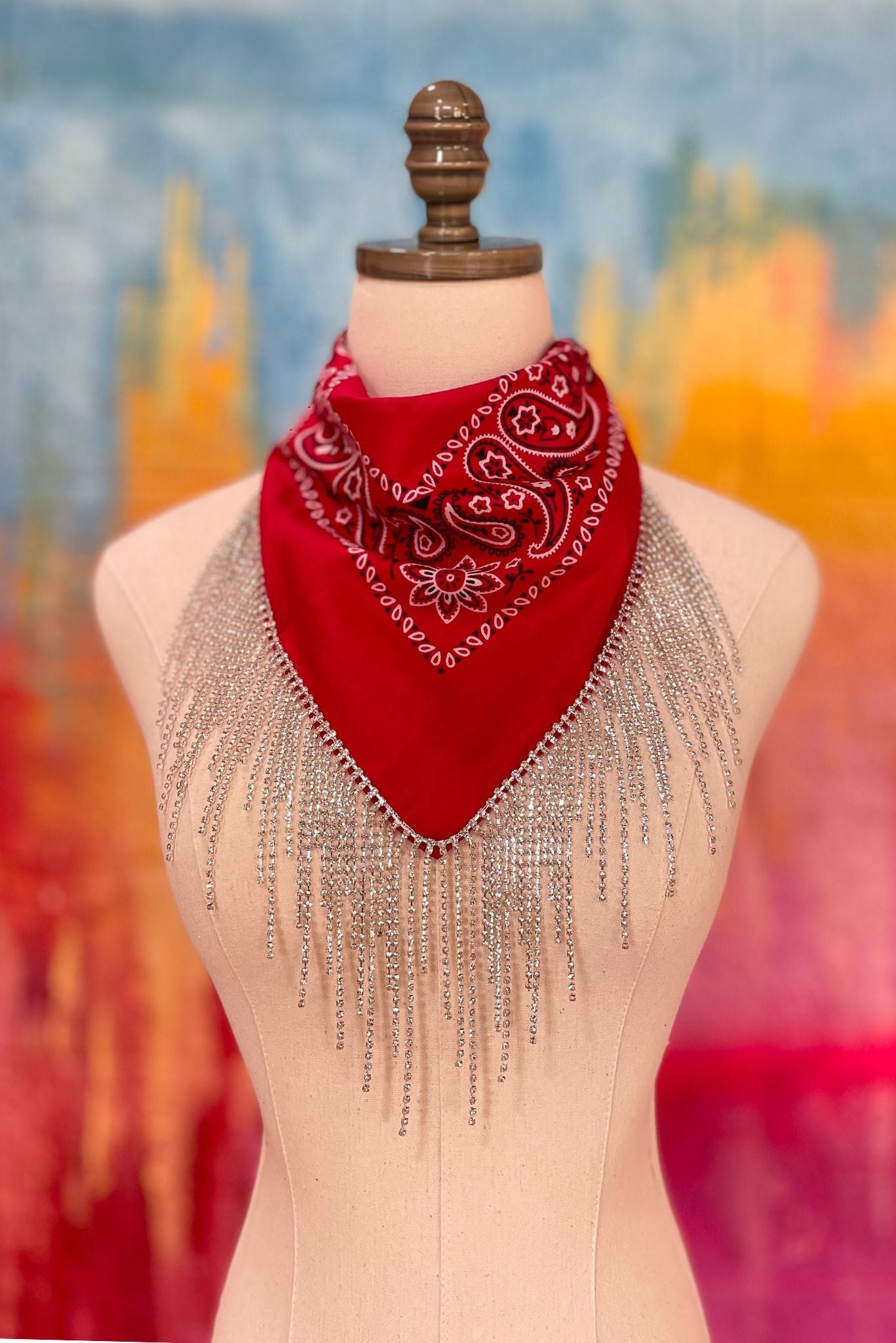 Red Rhinestone Fringe Bandana, concert ready, cowgirl vibes, fall transition piece, chic updated bandana, mom style, shop style your senses by mallory fitzsimmons