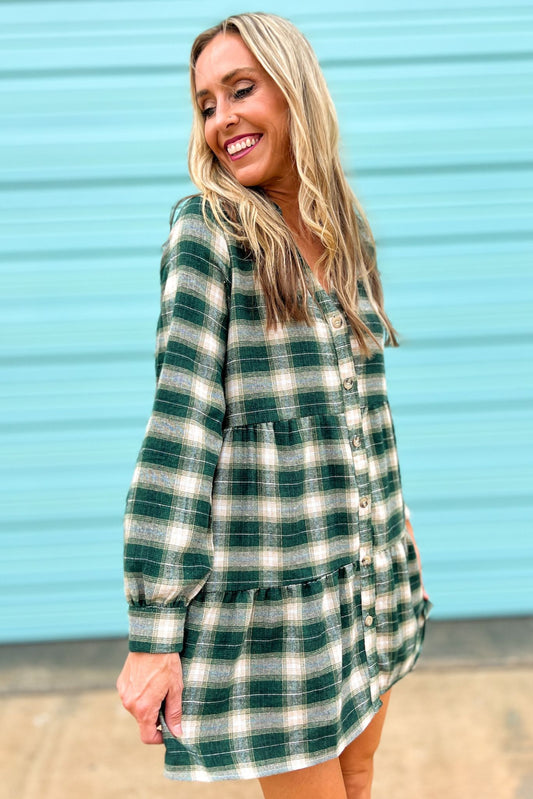 green Plaid Drop Waist Button Down Dress, fall fashion, fall must have, thanksgiving look, layered look, sweater weather, mom style, shop style your senses by mallory fitzsimmons