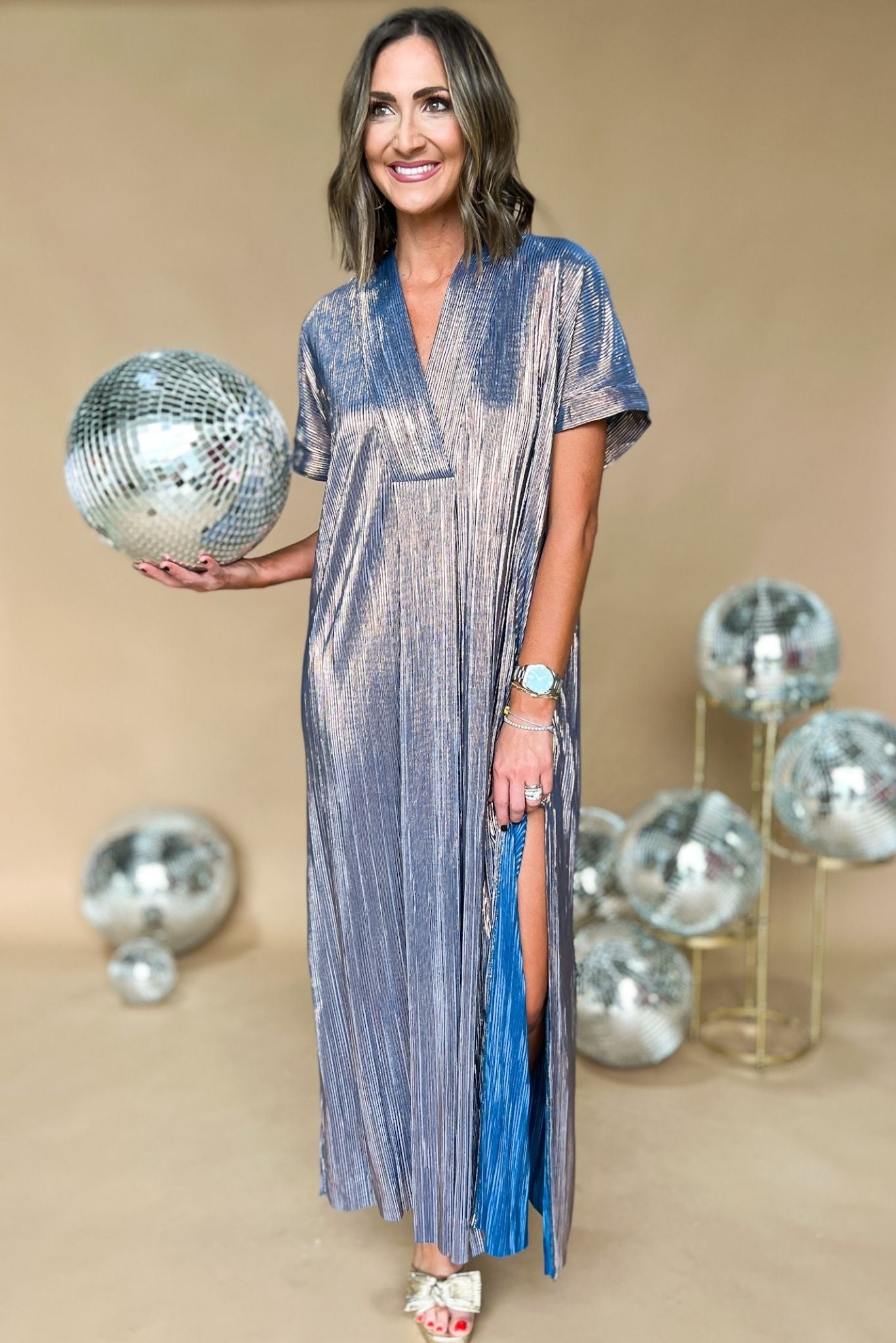 Blue Metallic V Neck Kaftan Slit Dress by Karlie, statement piece, holiday look, glam, must have, shimmer detail, flowy fit, shop style your senses by mallory fitzsimmons 