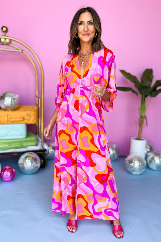 Pink Abstract Printed V Neck Kimono Sleeve Maxi Dress, v neck, split front, spring look, resort wear, must have, shop style your senses by mallory fitzsimmons