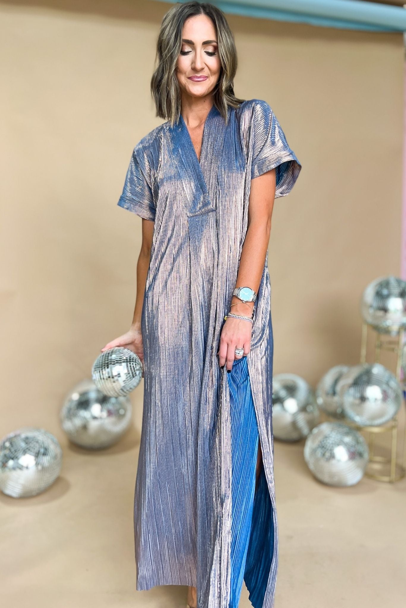 Blue Metallic V Neck Kaftan Slit Dress by Karlie, statement piece, holiday look, glam, must have, shimmer detail, flowy fit, shop style your senses by mallory fitzsimmons