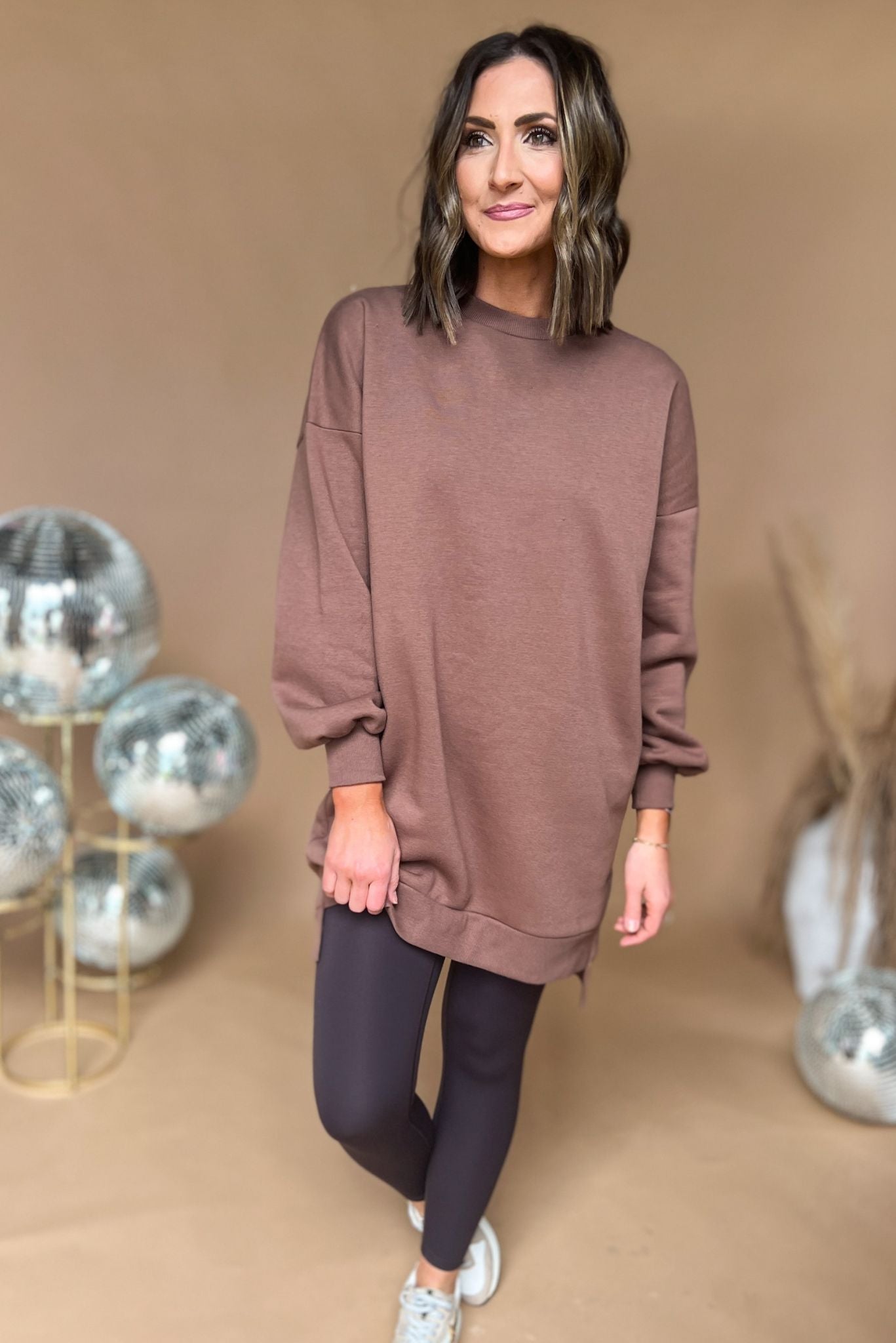 Mocha Round Neck Longline Hi Low Sweatshirt Dress, fall fashion, must have, oversized fit, sweatshirt, travel look, mom style, shop style your senses by mallory fitzsimmons