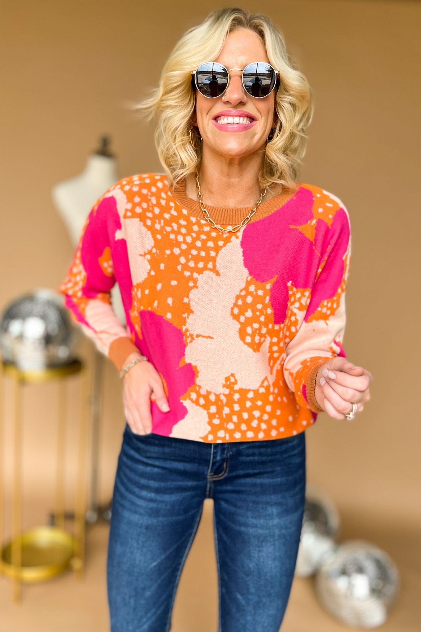 Hot Pink Camel Floral Puff Sleeve Sweater, hot pink floral detail, puff sleeve, fall transition piece, mom style, shop style your senses by mallory fitzsimmons