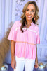 Pink Embroidered Trim V Neck Tiered Top