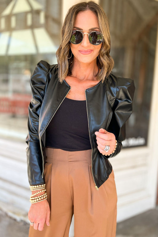 Black Faux Leather Puff Sleeve Bomber Jacket