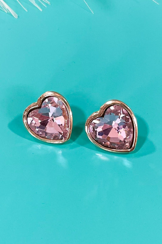 Gold Pink Rhinestone Heart Stud Earrings