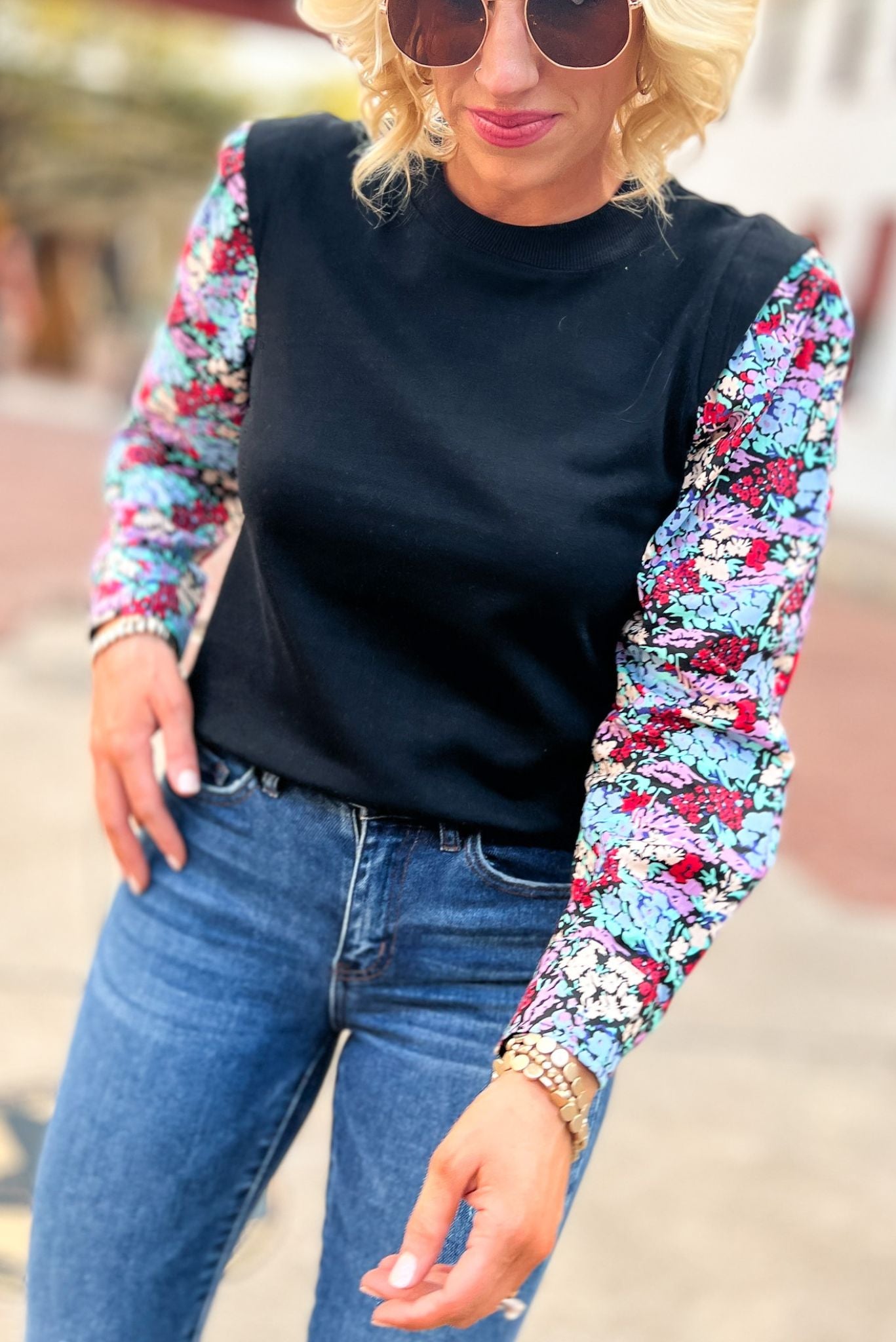 Black Blue Floral Poplin Sleeve Knit Top by Karlie, floral sleeve detail, knit top, lightweight, work wear, mom style, must have, karlie, shop style your senses by mallory fitzsimmons