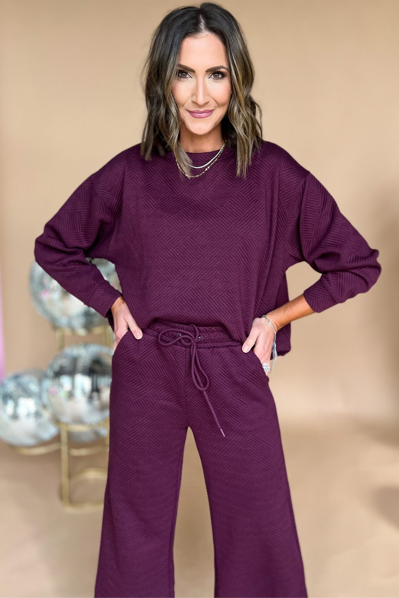 Burgundy Textured Crew Neck Wide Leg Pants Set, matching set, textured print, must have, mom style, travel look, shop style your senses by mallory fitzsimmons