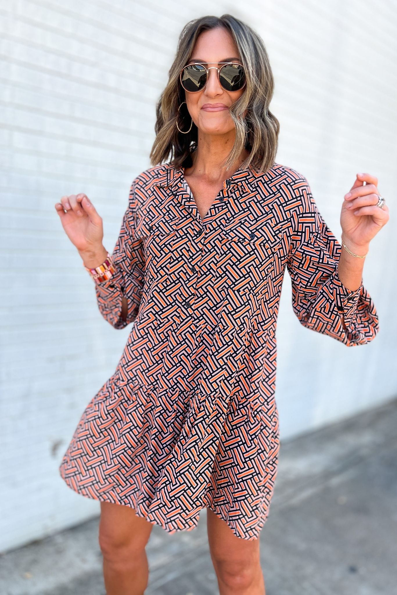 Orange Navy Geometric Long Sleeve Tiered Dress by Karlie, fall fav, fall must have, fall fashion, button detail, faux leather pocket, mom style, shop style your senses by mallory fitzsimmons