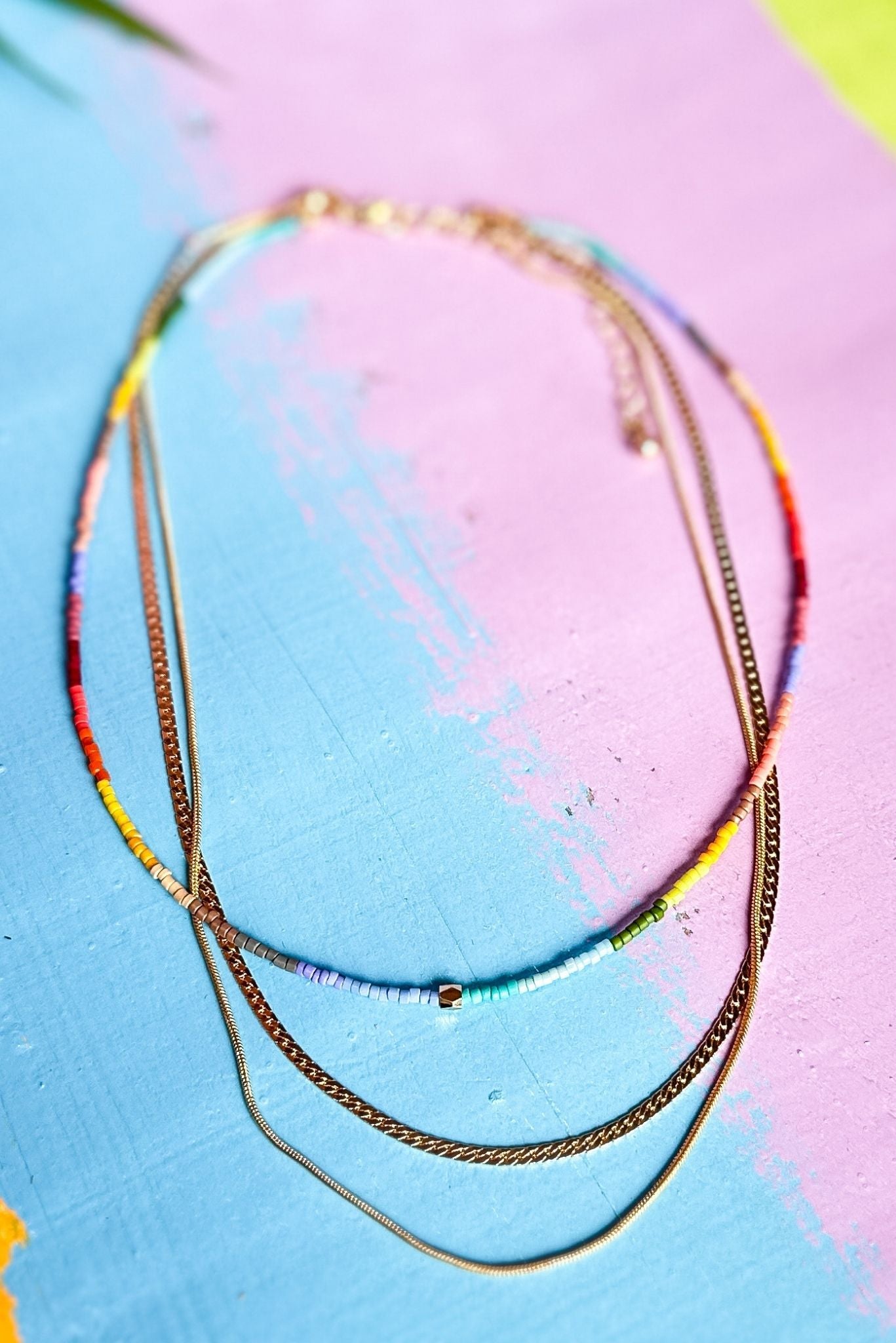Multi Metal Chain Beaded Triple Layered Bib Necklace, colorful layers, beaded detail, everyday wear, summer look, shop style your senses by mallory fitzsimmons
