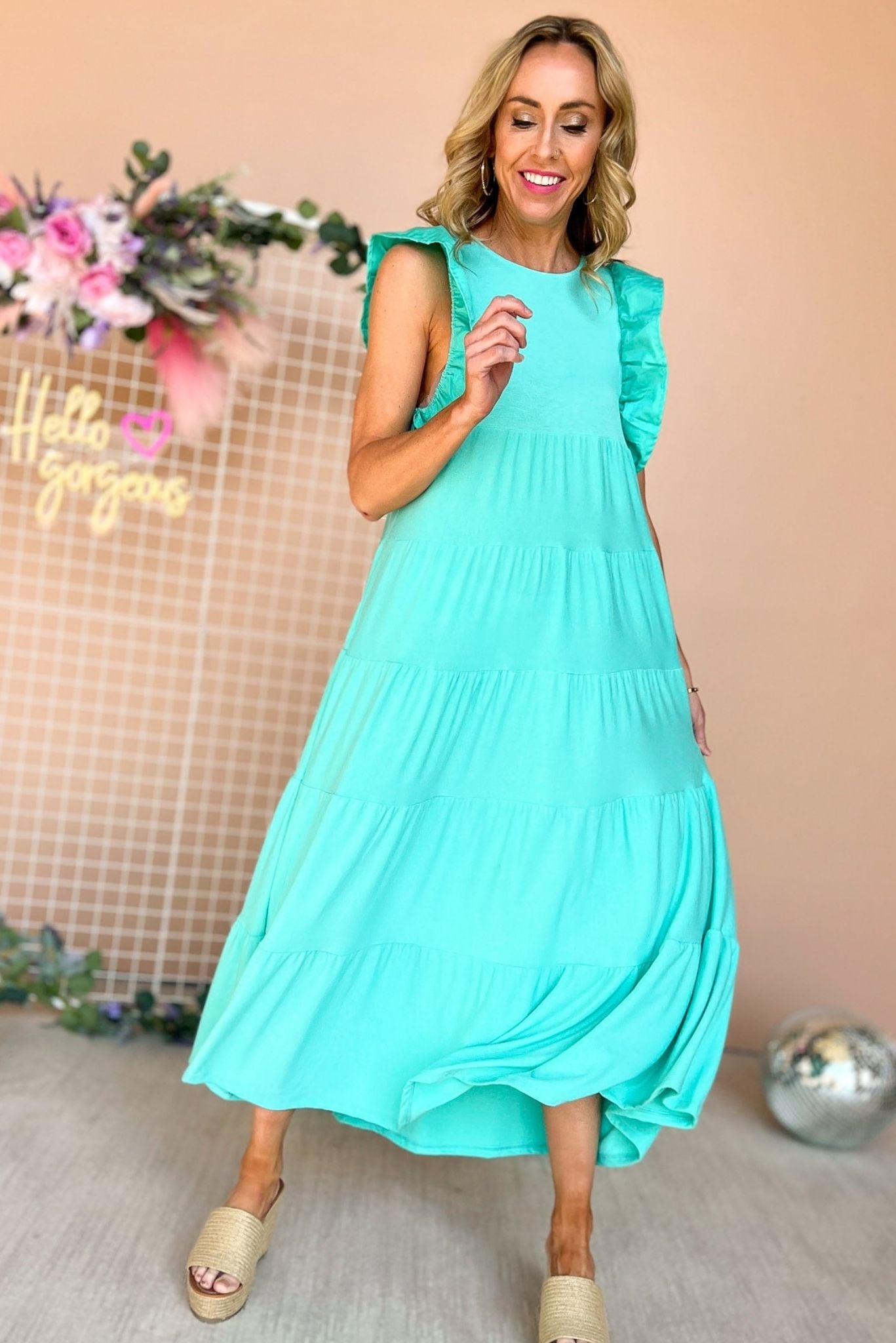 mint Ruffle Cap Sleeve Tiered Midi Dress, tiered dress, ruffle sleeve, easy fit, midi, mom style, spring look, shop style your senses by mallory fitzsimmons