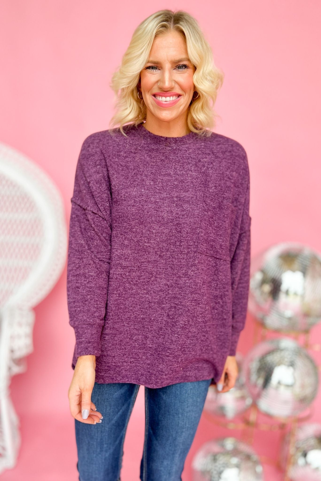 Dark plum Brushed Drop Shoulder Front Pocket Sweater, fall fashion, must have, layered look, mom style, everyday wear, shop style your senses by mallory fitzsimmons