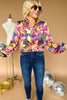 Purple Floral Bubble Long Sleeve Satin V Neck Top, flowy top, floral patter, mom style, work wear, shop style your senses by mallory fitzsimmons