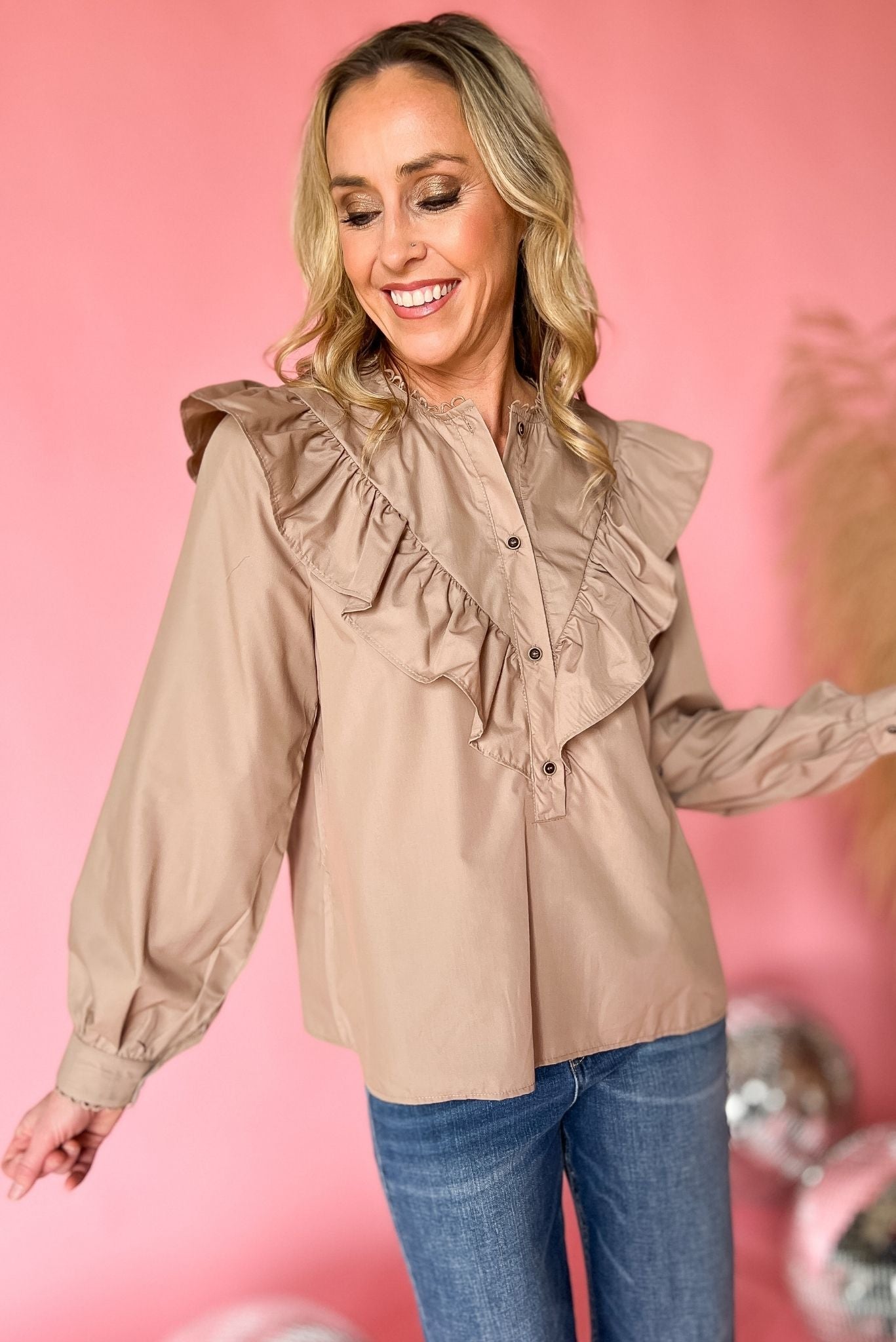 Beige Ruffle Bib Frill Neck Long Sleeve Top,spring fashion, pattern, must have, trendy, mom style, shop style your senses by mallory fitzsimmons