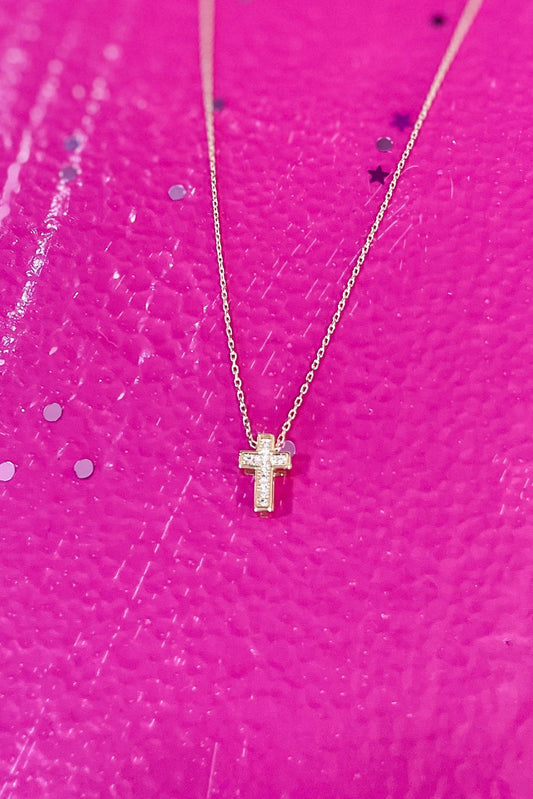 Gold Plated Pave Block Cross Necklace