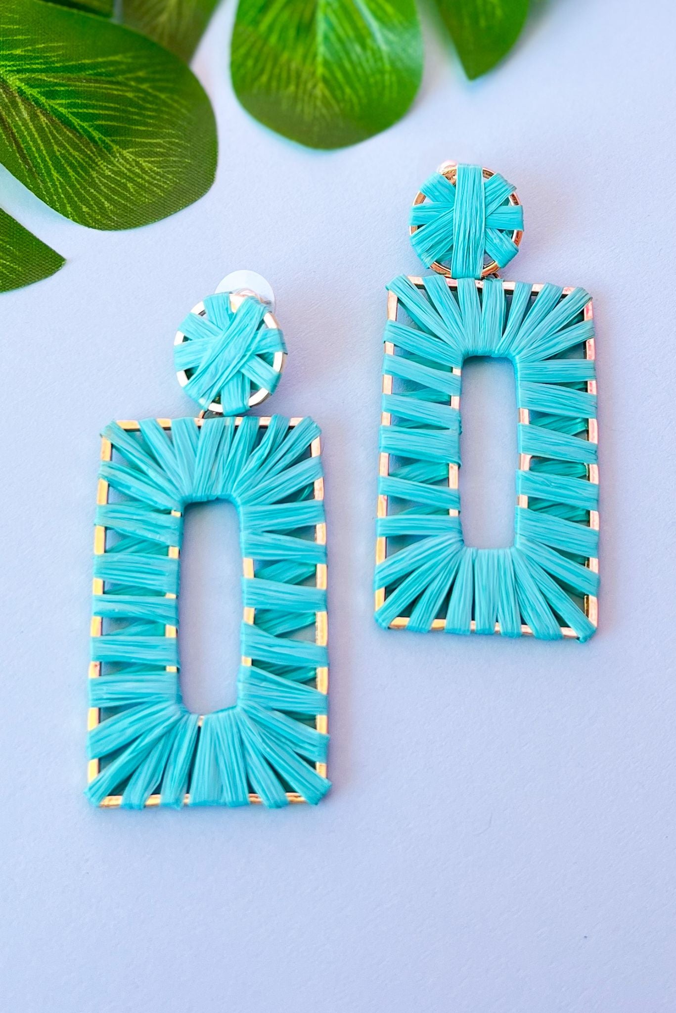 Turquoise Raffia Open Metal Rectangle Dangle Earrings