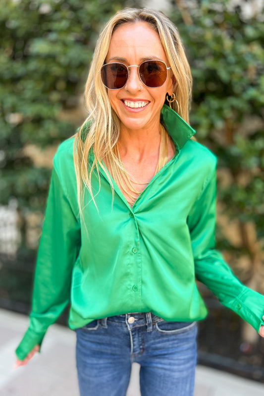 Green Silky Collared Button Down Long Sleeve Top