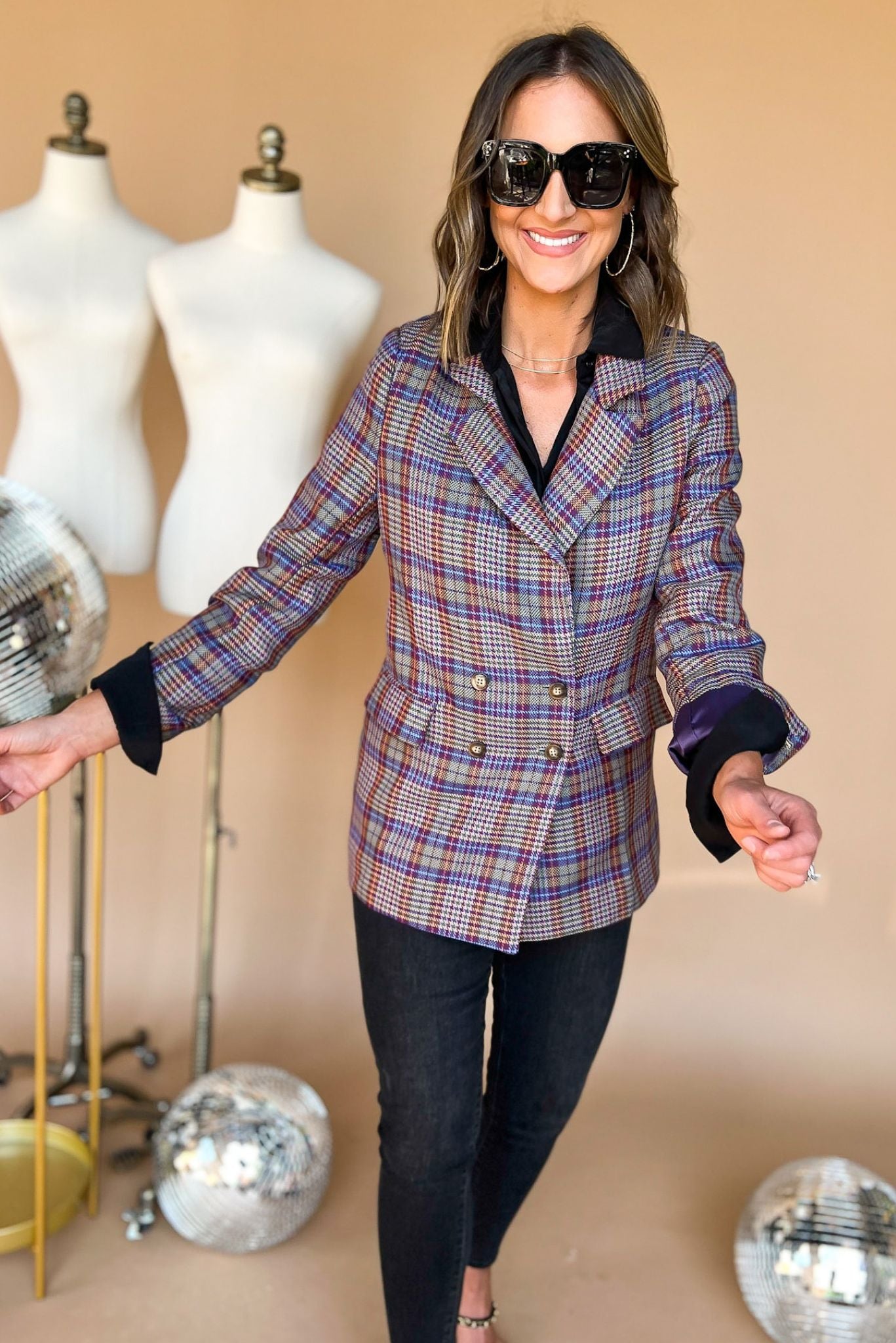 Purple Black Checker Double Breasted Blazer, work wear, office look, fall must have, trendy, chic blazer, mom style, shop style your senses by mallory fitzsimmons