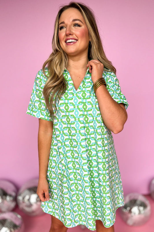 SSYS Turquoise And Green Chain Link Print Collared Poplin Dress, collar detail poplin, v neck, everyday wear, mom style, shop style your senses by mallory fitzsimmons