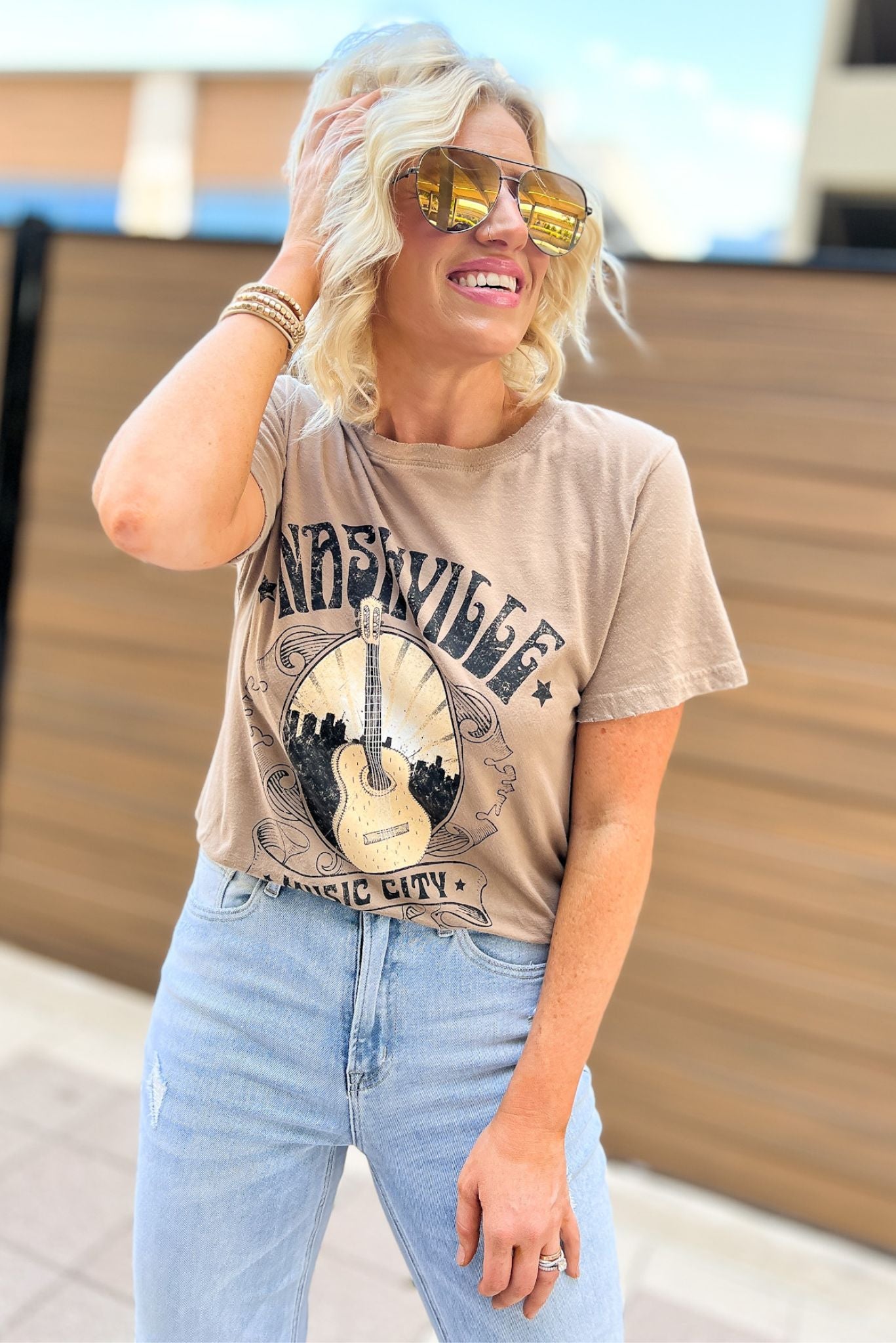 Sand Nashville Music City 1970 Graphic Tee, everyday wear, pair with a flannel, fall transition piece, must have graphic, essential tee, mom style, shop style your senses by mallory fitzsimmons