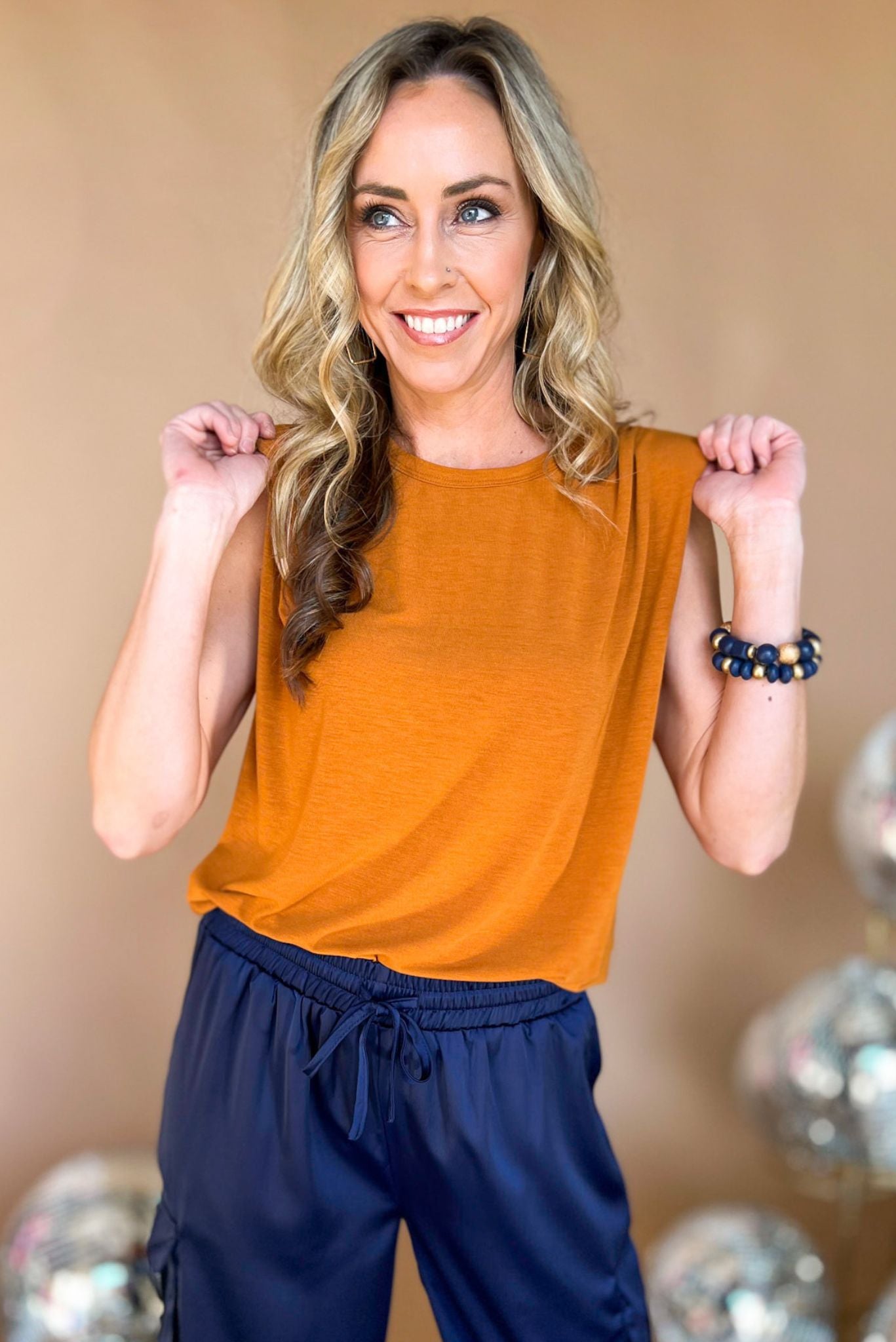 toffee Round Neck Shoulder Pad Sleeveless Top, spring fashion, work to weekend, shoulder pad detail, elevated look, mom style, shop style your senses by mallory fitzsimmons