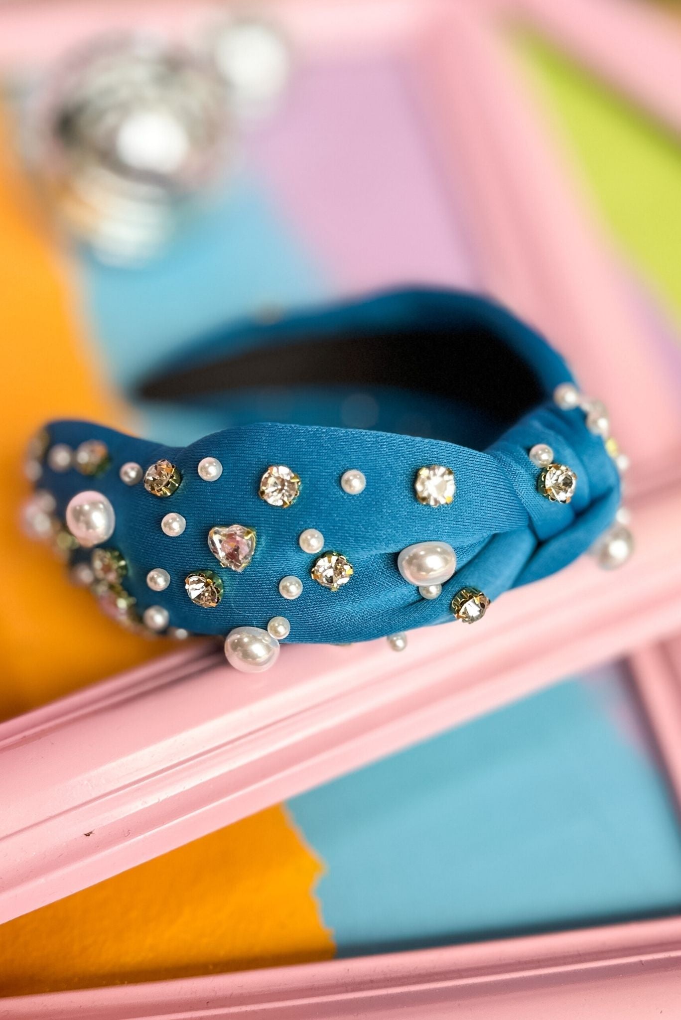 Blue Pearl Stone Embellished Knot Headband