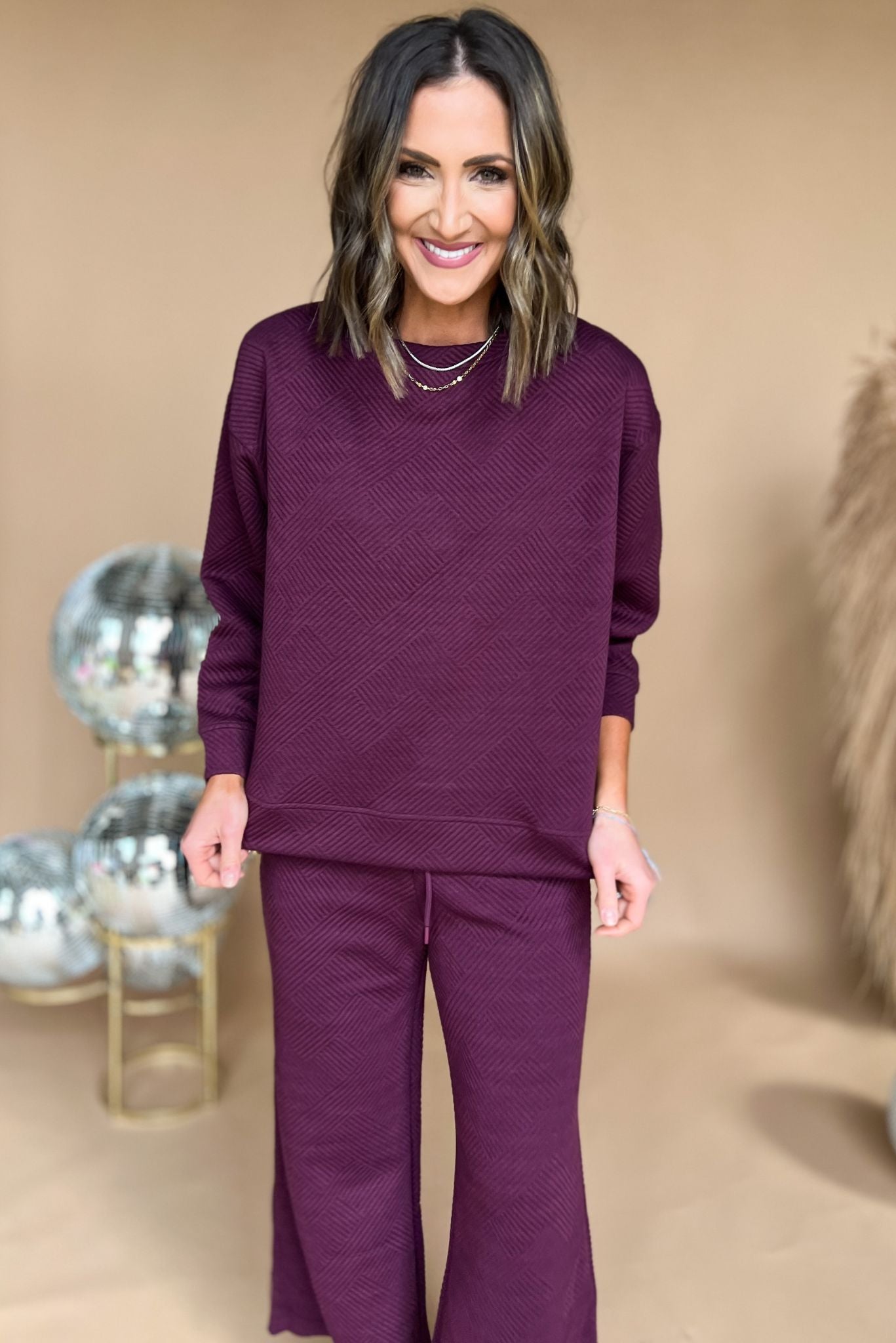 Burgundy Textured Crew Neck Wide Leg Pants Set, matching set, textured print, must have, mom style, travel look, shop style your senses by mallory fitzsimmons